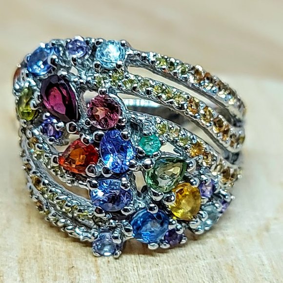 Natural Garnet, Emerald, Tanzanite 925 Sterling Silver Ring Sz 7.5 - Picture 1 of 9